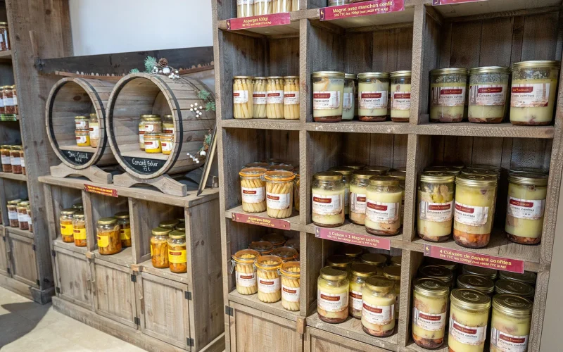 Les étagères de la Ferme Darrigade remplies de produits locaux, de produits de canards et de cacahuètes toute l'année à Soustons